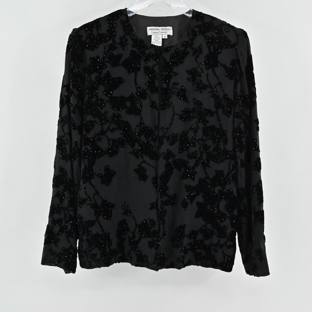 Vtg‎ Adrianna Papell Black Silk Jacket Size M Velvet Beaded Floral Embellished